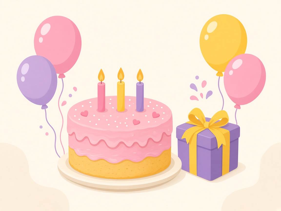 Illustrated birthday cake, balloons and a wrapped gift