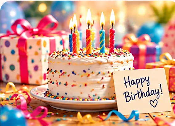 Birthday cake with lit candles, wrapped gifts and a Happy Birthday card