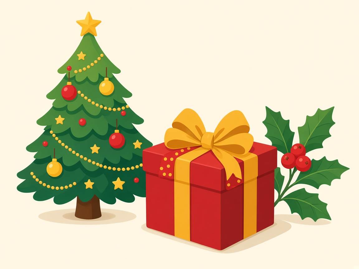 Christmas tree, present and holly