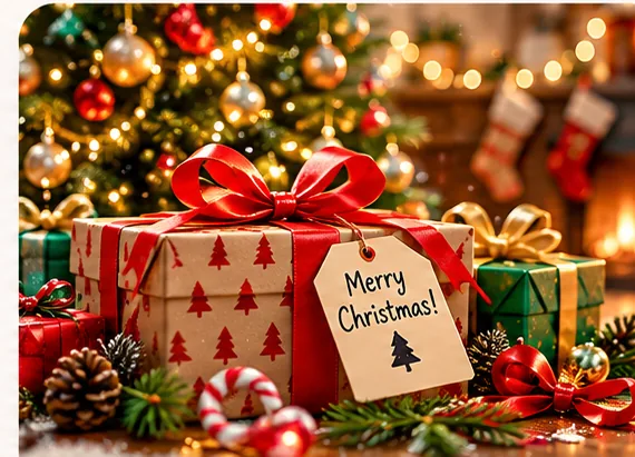 Wrapped Christmas presents under a decorated tree with a Merry Christmas tag