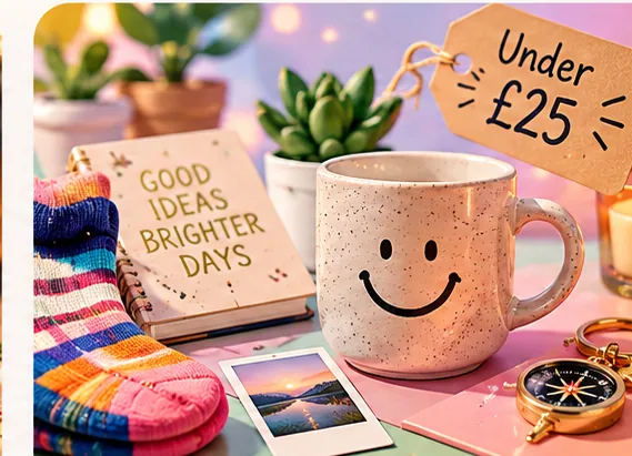 A smiling mug, colourful socks and a tag that says Under £25