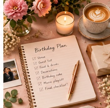 An open notebook titled Birthday Plan, with a pen, coffee and flowers beside it