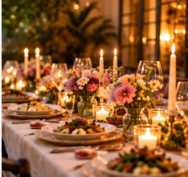 A long dinner table set with candles, flowers, plates and wine glasses
