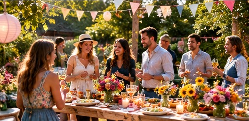 Friends talking around a flower-filled table at a sunny garden party