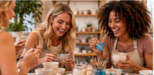 Two people painting ceramic cups together at a workshop table