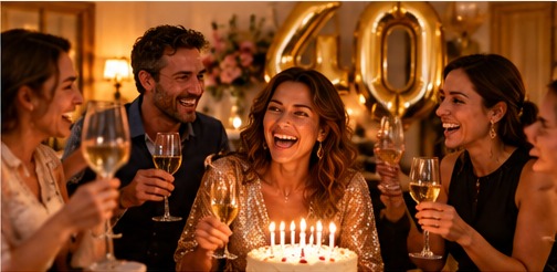 Friends toasting beside a birthday cake, with gold numerals shaped as 40