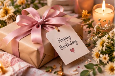A wrapped present with a pink ribbon and a handwritten birthday tag