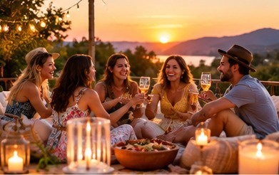 Friends sitting together with drinks at a sunset picnic