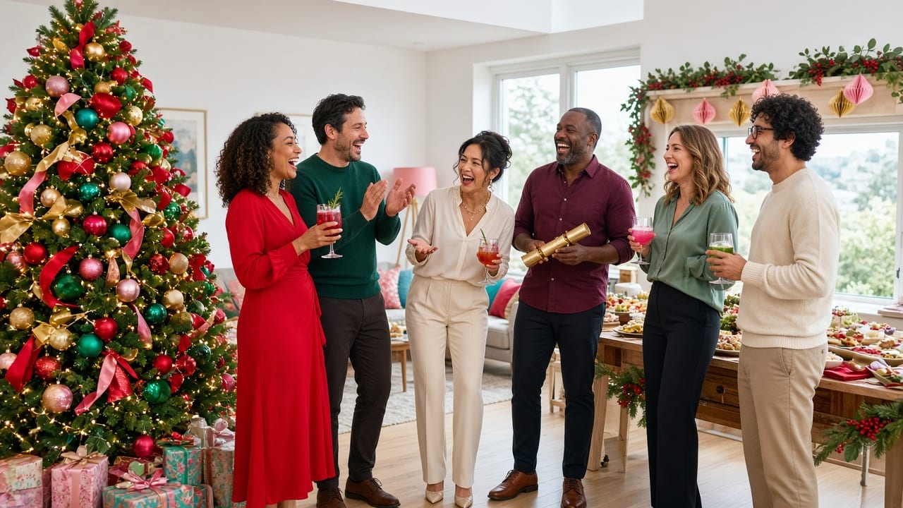 Friends laughing at a brightly decorated Christmas house party beside a colourful tree
