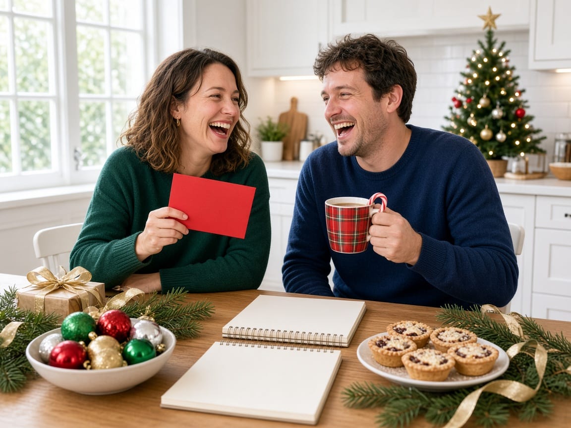 Two friends laughing while planning a Christmas party at a bright kitchen table