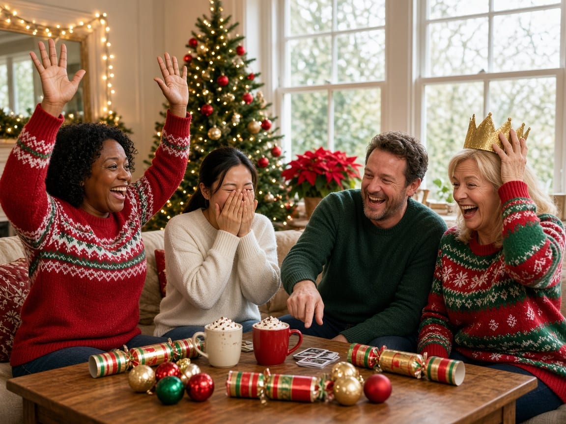 Friends in Christmas jumpers laughing over a game, one wearing a gold paper crown