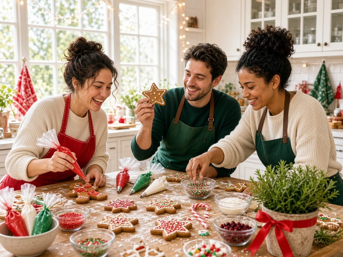 Friends decorating gingerbread biscuits with colourful icing in a bright kitchen