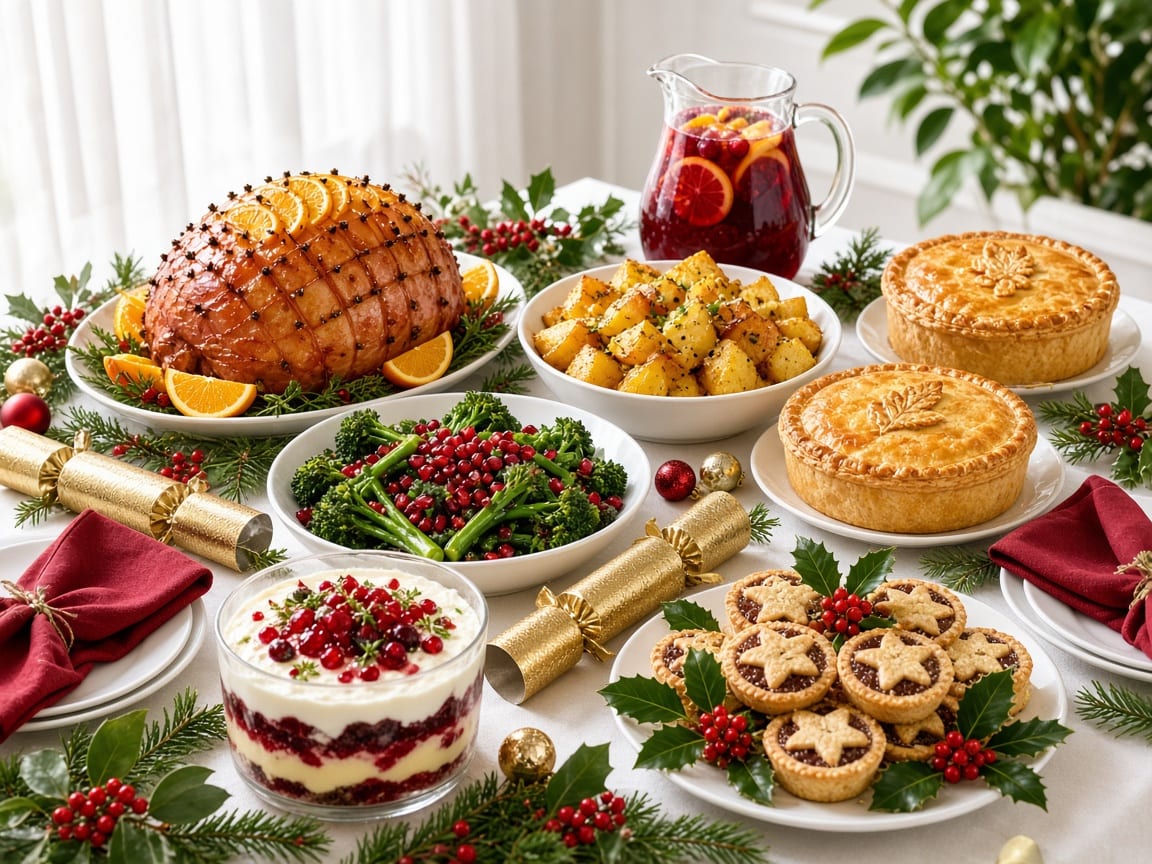 A colourful home Christmas buffet with ham, pies, vegetables, trifle and mince pies