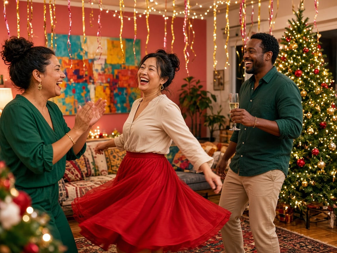 Friends dancing and laughing at a colourful Christmas house party