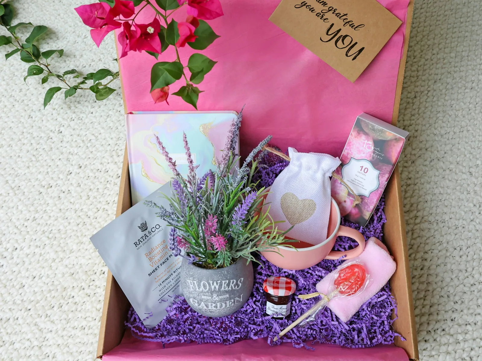 Pink and lavender themed pampering gift hamper