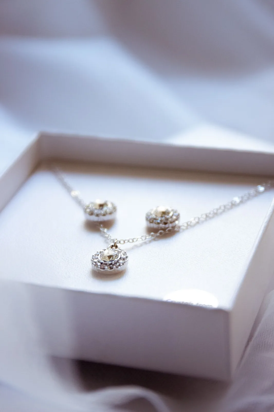 Silver-coloured necklace and earrings in a gift box