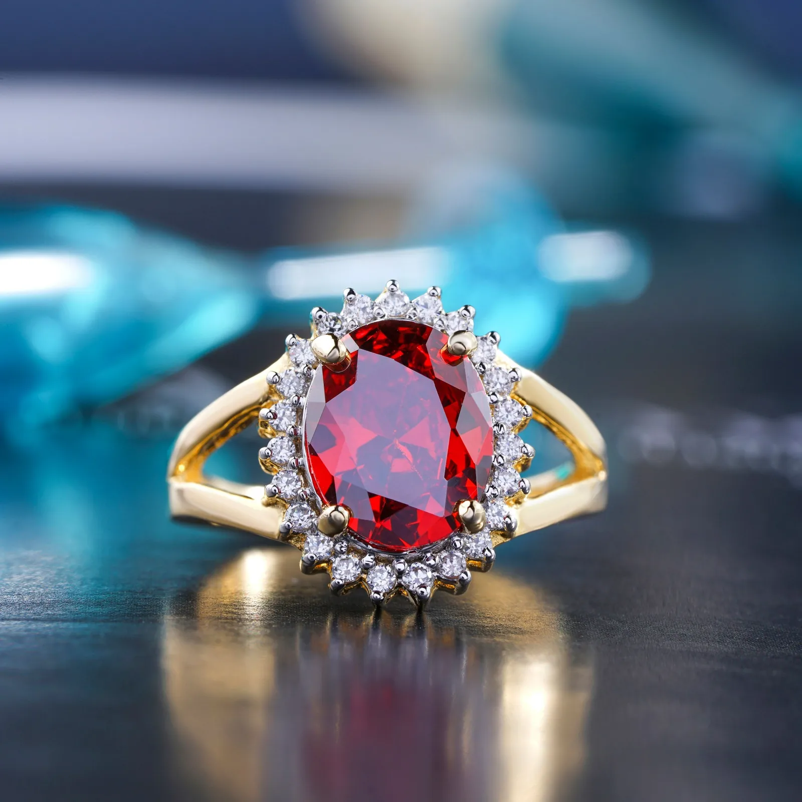 A ring set with a red gemstone. The photograph does not confirm that the stone is a ruby.
