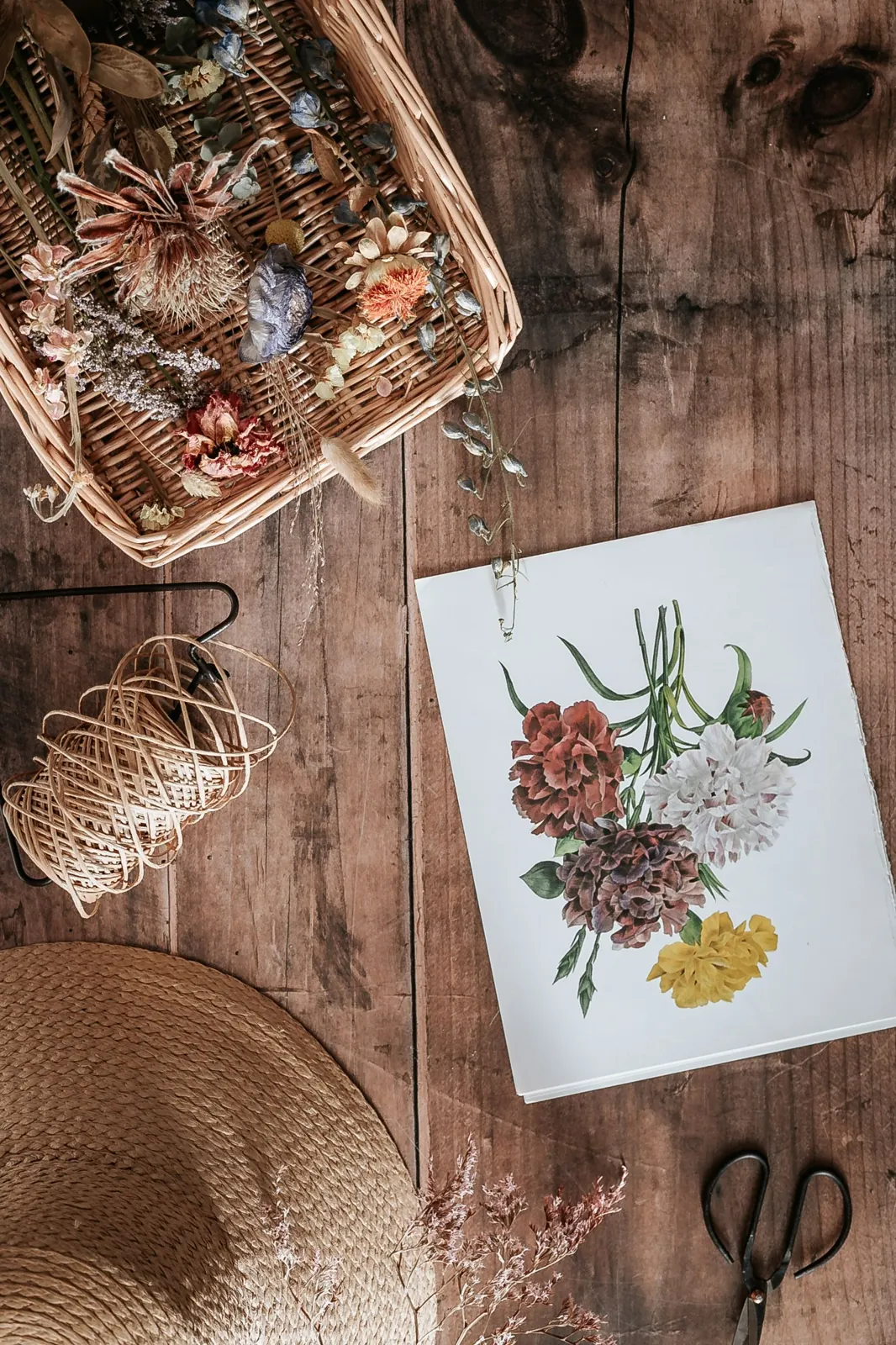 Botanical flower illustration on a rustic wooden table