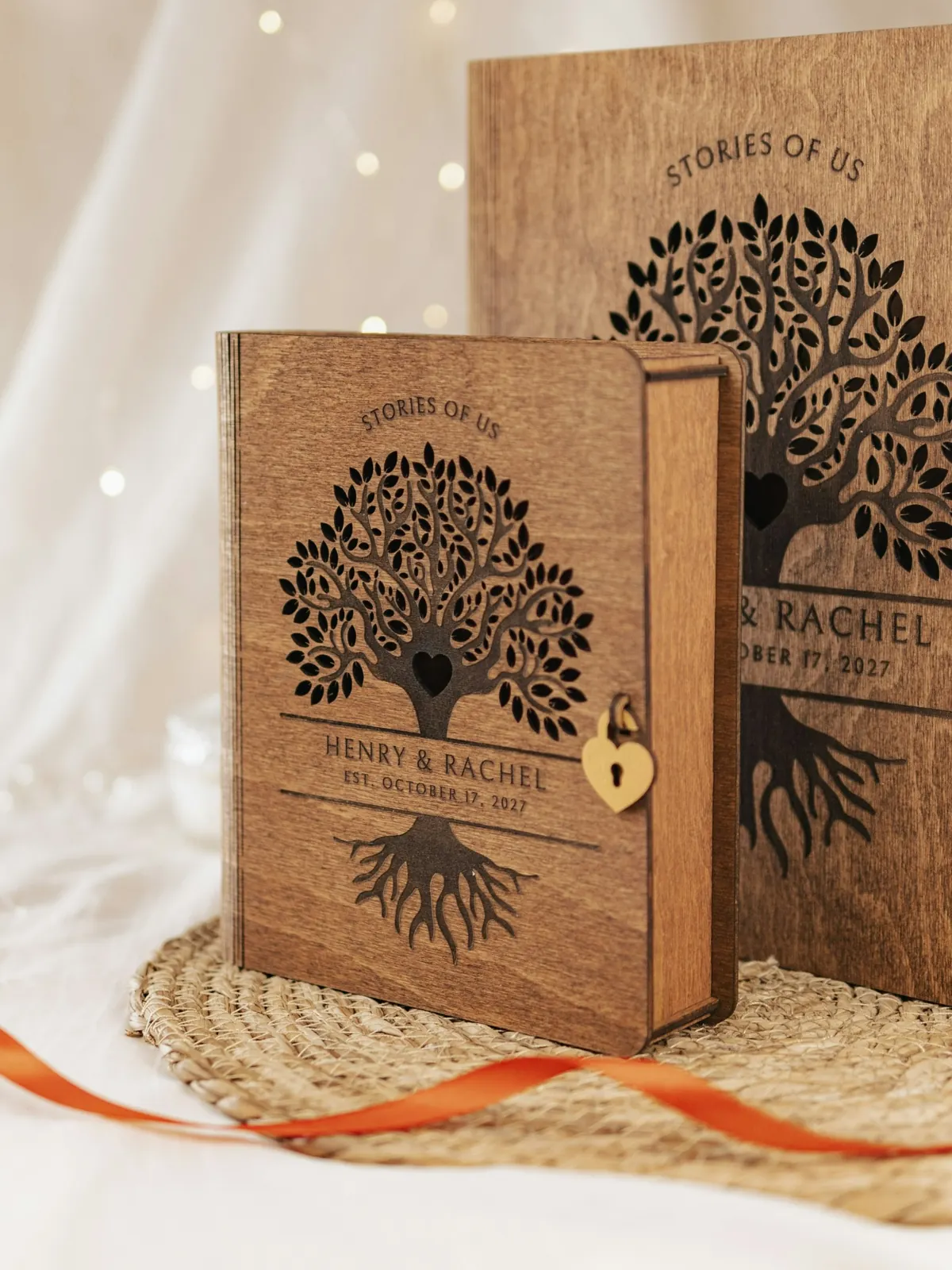 Engraved wooden keepsake books with a family tree design