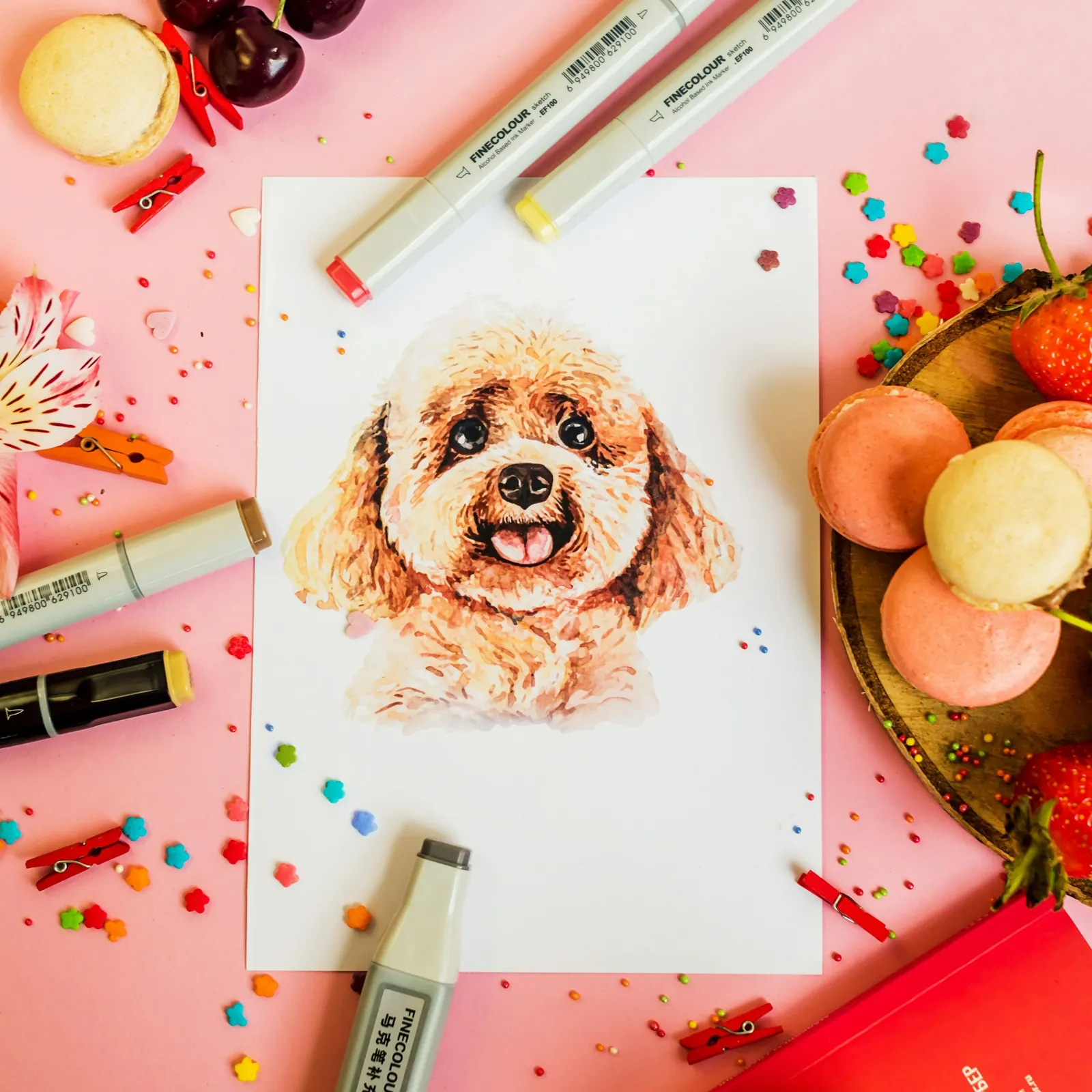 Colourful watercolour-style portrait of a small dog