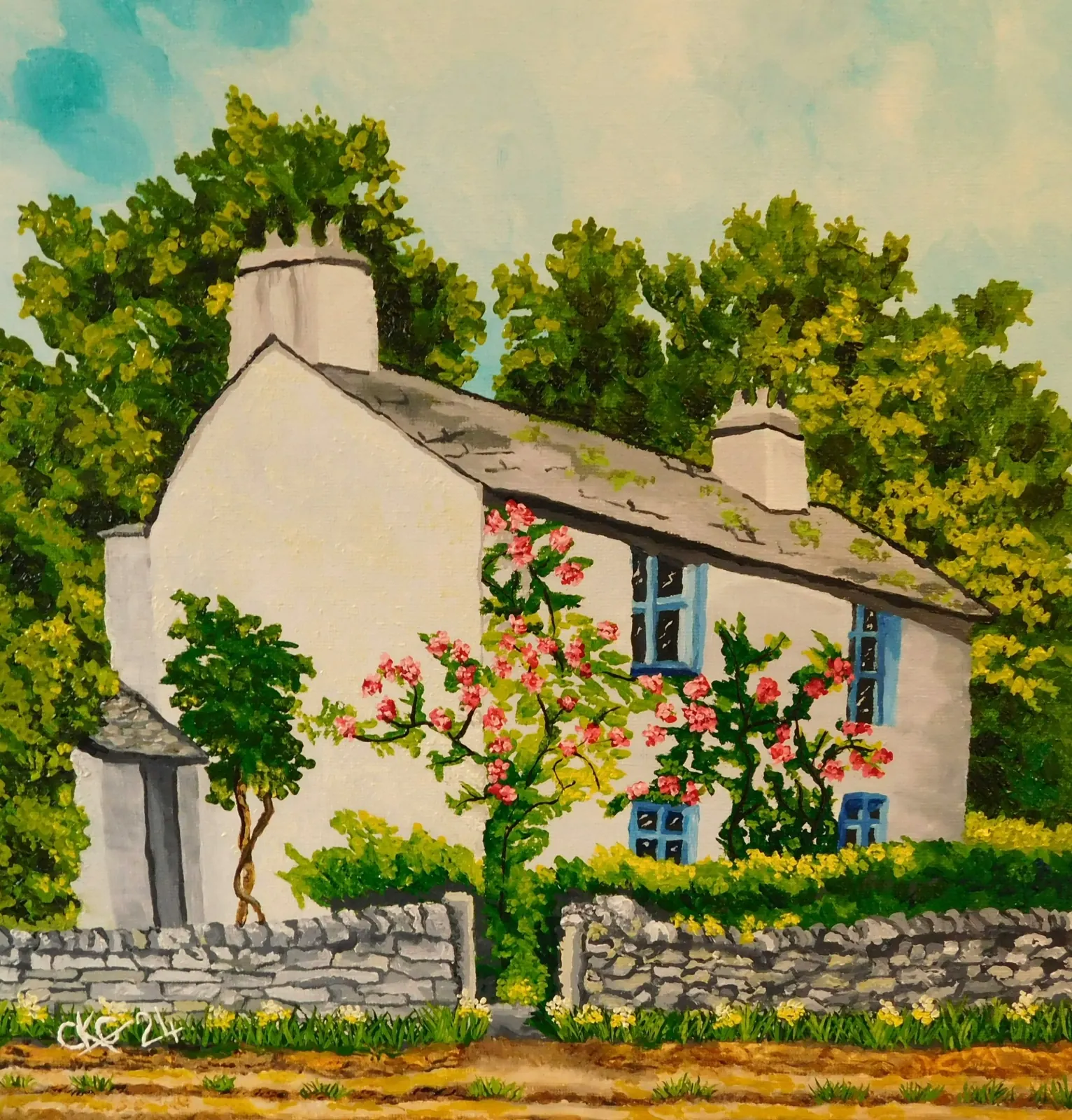 Painted portrait of a country cottage with flowering garden