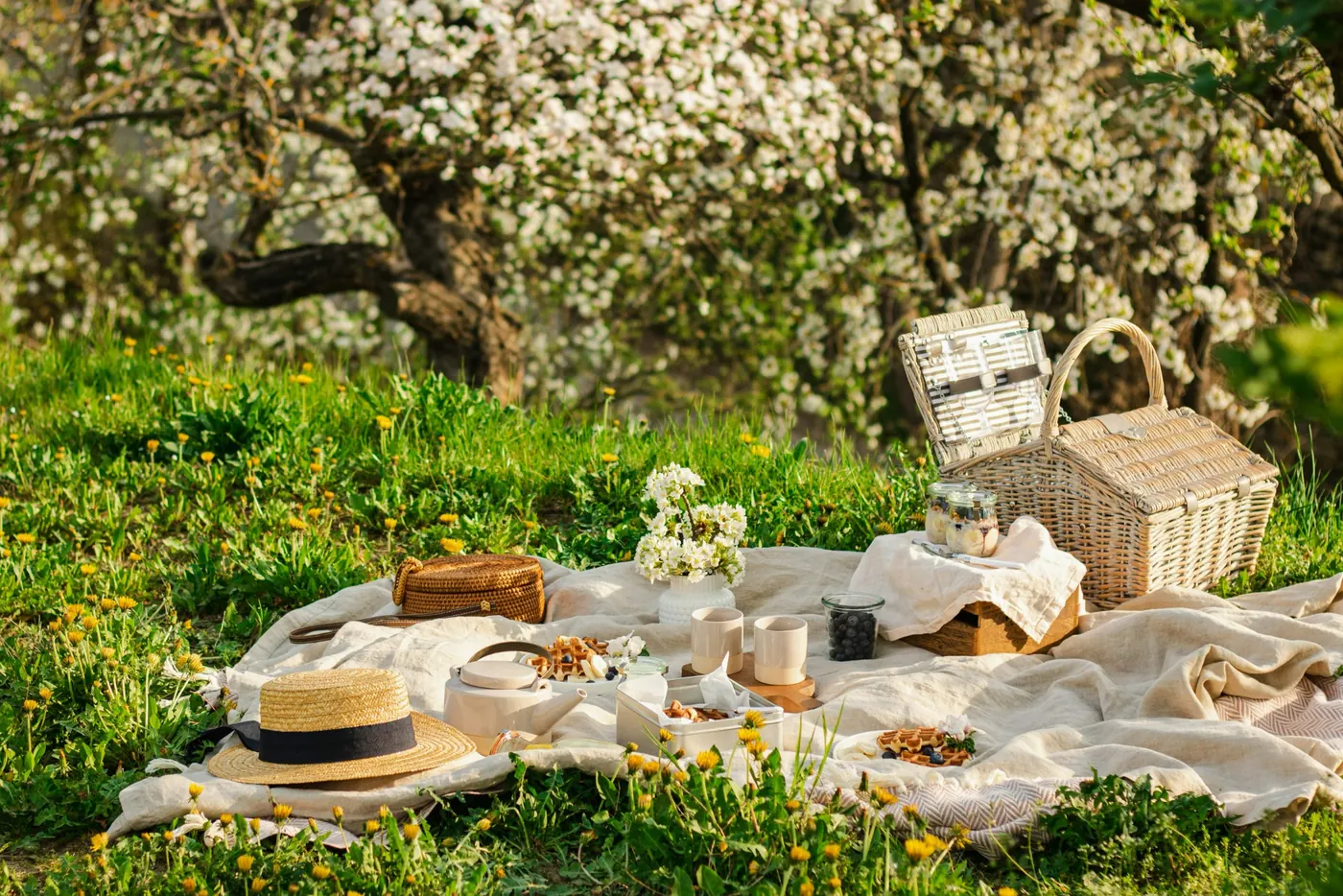 A wicker picnic hamper and blanket set for a meal under blossom trees