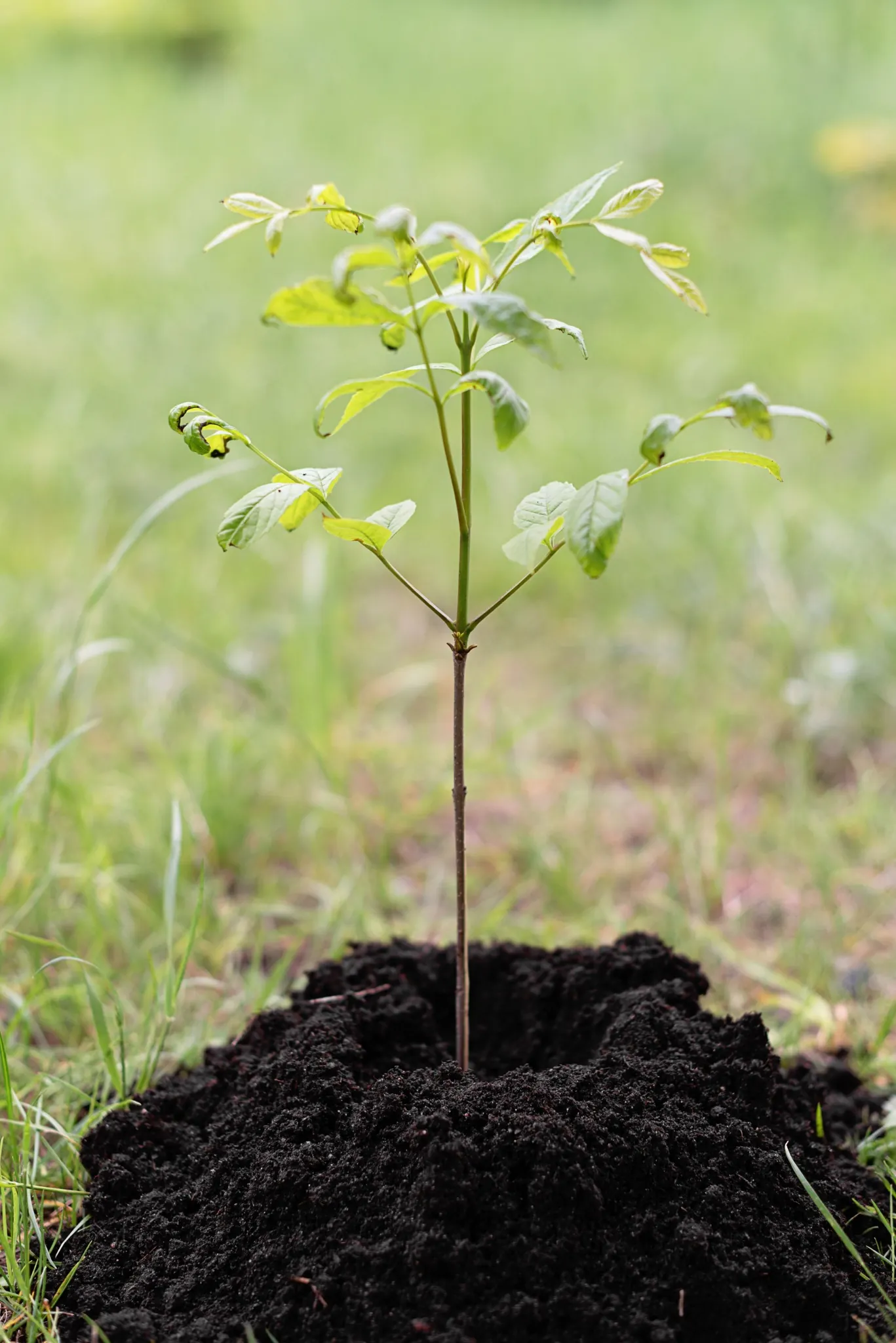 A young tree sapling planted in dark soil in a grassy field