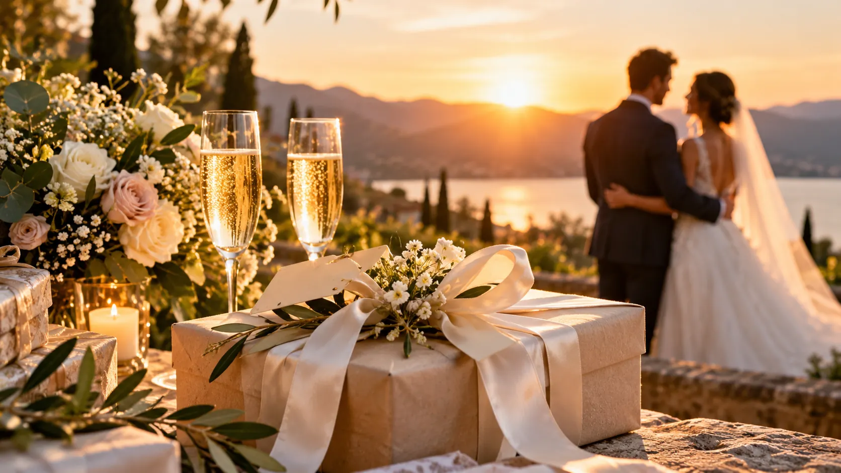 Wedding gifts wrapped with ivory ribbons beside champagne glasses and flowers, with newlyweds embracing at sunset.