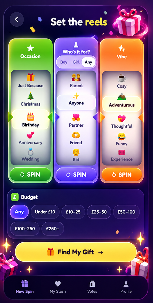 The ReelGifts reels screen showing Occasion, Who's it for, Vibe and Budget
